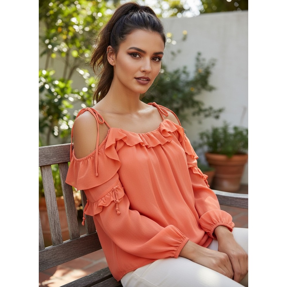 JOIE 100% Silk Coral Orange Ruffle Blouse Mid Sleeve M NWOT Effortless Luxe